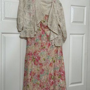 Red & green flowered dress with short sleeve sweater